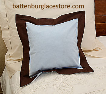Pillow Sham.BABY BLUE with BROWN border.12" Square. - Click Image to Close